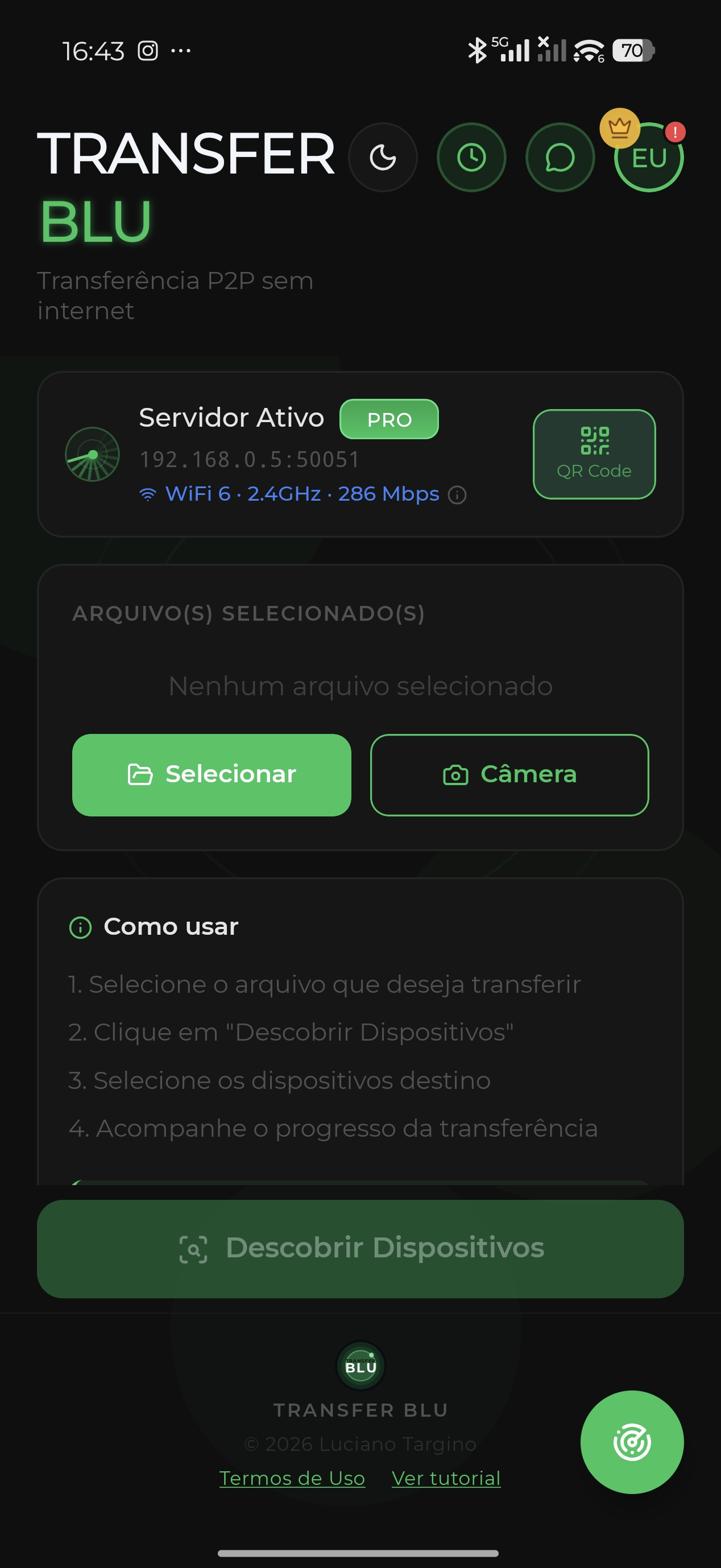 Tela inicial do TRANSFER BLU — modo escuro