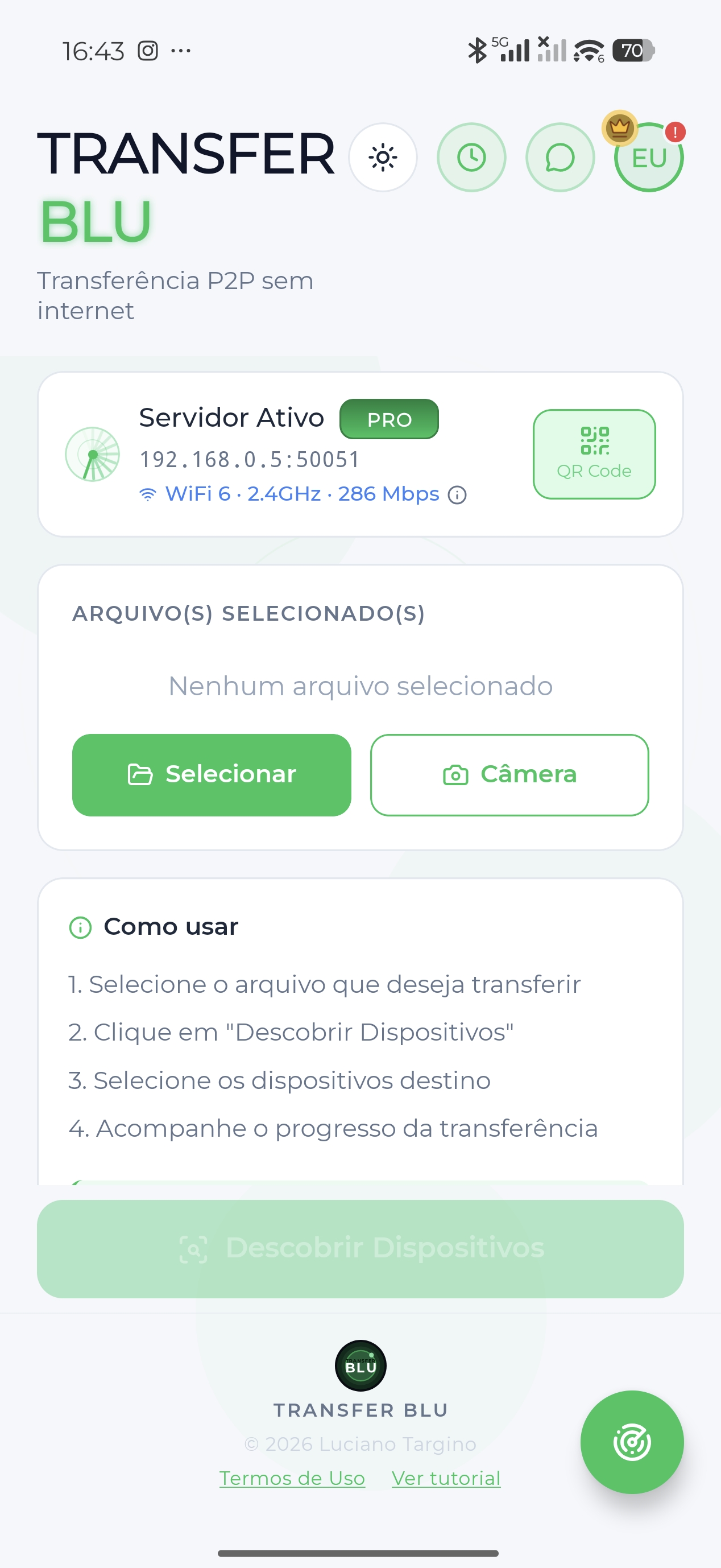 Tela inicial do TRANSFER BLU — modo claro